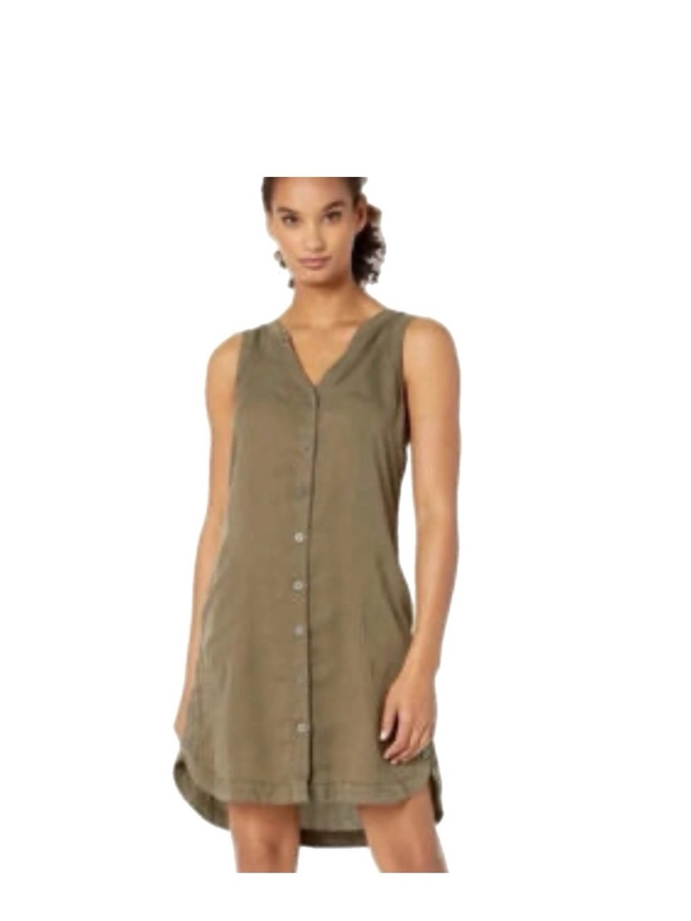 prAna Talton Sleeveless Button Front Dress Olive Pockets Tencel Women’s Size S